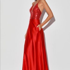 prom dress by Lulus “beaming love” red satin sequin sleeveless dress